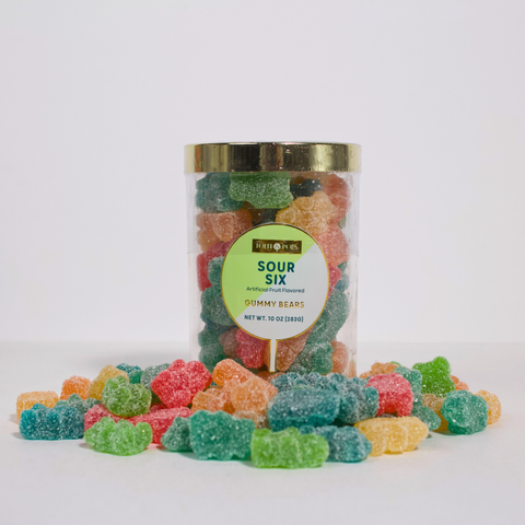 Sour Six Medium Gummy Tube with Sour gummies on white background