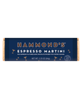 Hammond's Espresso Martini chocolate bar in its packaging, featuring a dark navy blue wrapper with gold foil edges and gold lettering, set against a plain white background.