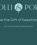 Lolli & Pops gift card with brand name and tagline on a teal background