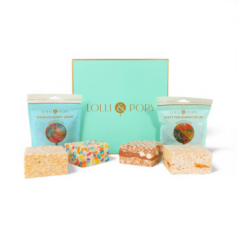 Gummies and crispies gift box on white background