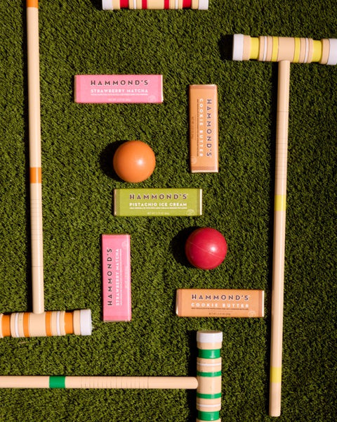 chocolate bars on grass with croquet equipment