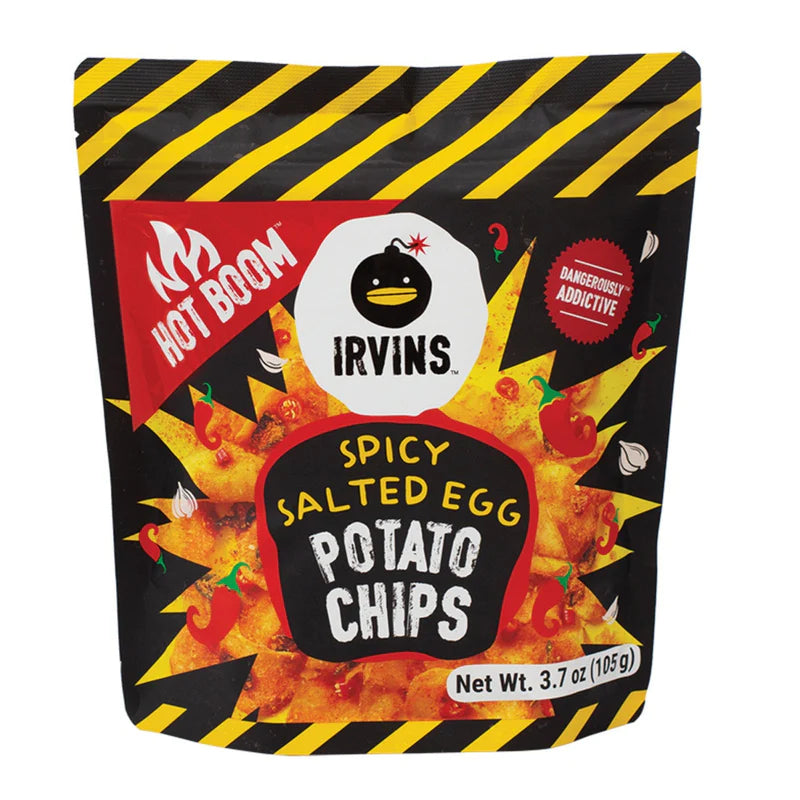 bag of Hot Boom, Irvins Spicy Salted Egg Potato Chips