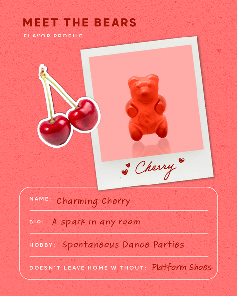 Charming Cherry Gummy bear with cherry flavor on a pink background, featuring text and graphics.