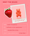 Sweet Strawberry gummy bear on pink background with strawberry graphic.