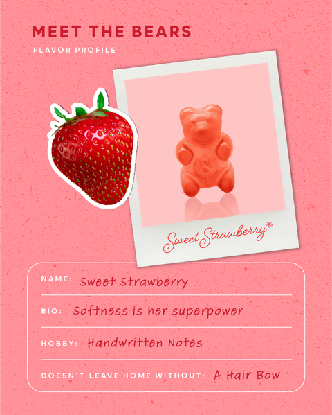 Sweet Strawberry gummy bear on pink background with strawberry graphic.