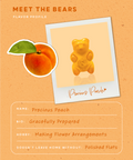 Flavor profile card for 'Precious Peach' gummy bear with peach illustration on orange background