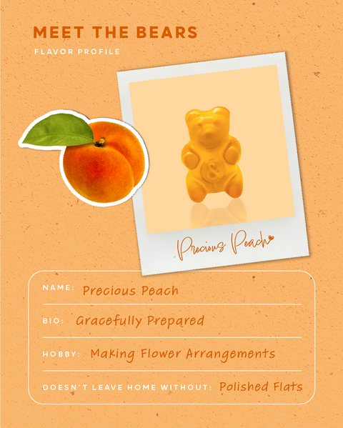 Flavor profile card for 'Precious Peach' gummy bear with peach illustration on orange background