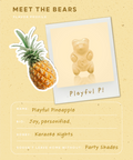 Product card for 'Playful Pineapple' with a gummy bear and pineapple illustration on a beige background.
