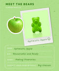 Green gummy bear labeled 'Optimistic Apple' on a green background with text about the flavor profile.