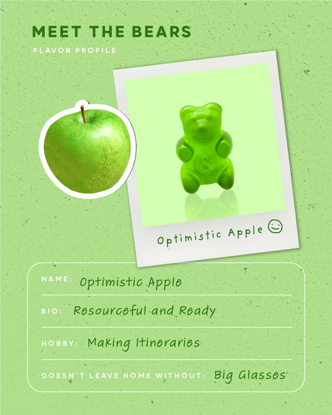 Green gummy bear labeled 'Optimistic Apple' on a green background with text about the flavor profile.