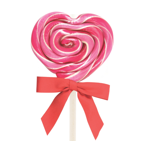 Heart-shaped lollipop with pink and white swirls and a red bow on a white background