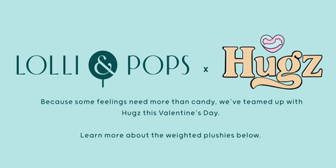 Promotional banner for Lolli & Pops and Hugz collaboration on a light blue background