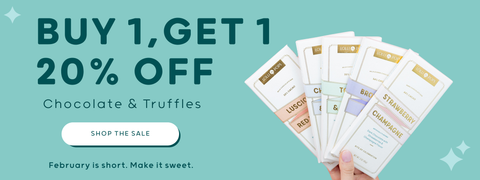 Promotional banner for chocolate and truffles with a 'Buy 1, Get 1 20% Off' offer on a teal background.
