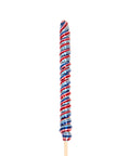 Colorful striped candy on a stick against a white background red white and blue colors