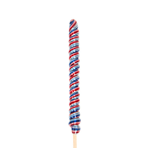 Colorful striped candy on a stick against a white background red white and blue colors