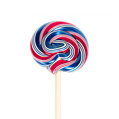 Red, white, and blue striped lollipop on a white background