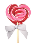 Heart-shaped pink lollipop with a gray bow on a white background