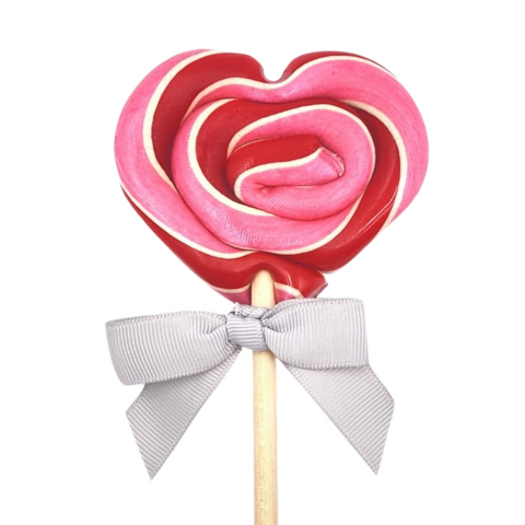 Heart-shaped pink lollipop with a gray bow on a white background