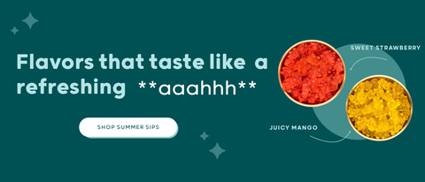 Promotional graphic for 'Shop Summer Sips' featuring the text 'Flavors that taste like a refreshing aaahhhh' on a dark teal background. Two circular bowls display colorful powder or granola-like products labeled 'Sweet Strawberry' in red and 'Juicy Mango' in yellow, with a white button reading 'SHOP SUMMER SIPS'.