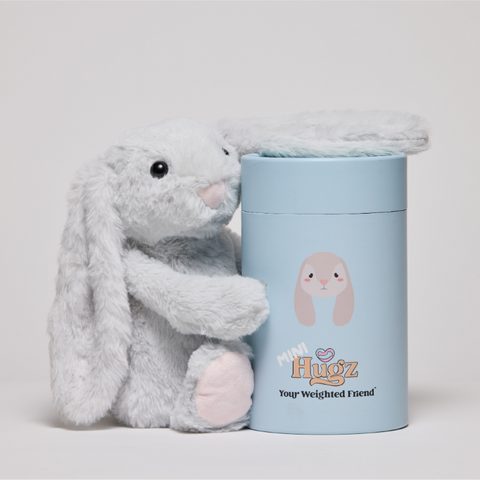 Gray plush bunny toy with a blue cylindrical container labeled 'Hugz' on a light gray background