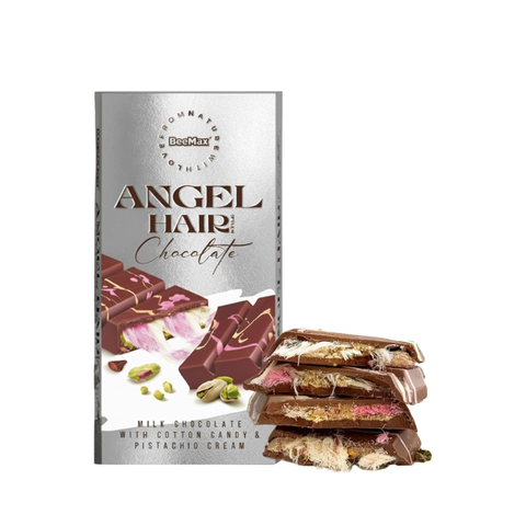 Packaging of Angel Hair Chocolate with images of the product on a white background