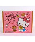 Pink 'Hello Kitty' mystery crate with cartoon characters on a white background