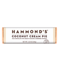 A packaged Hammond's Coconut Cream Pie chocolate bar on a plain white background. The wrapper is primarily white with dark brown text and light peach-beige striped accents on the sides.