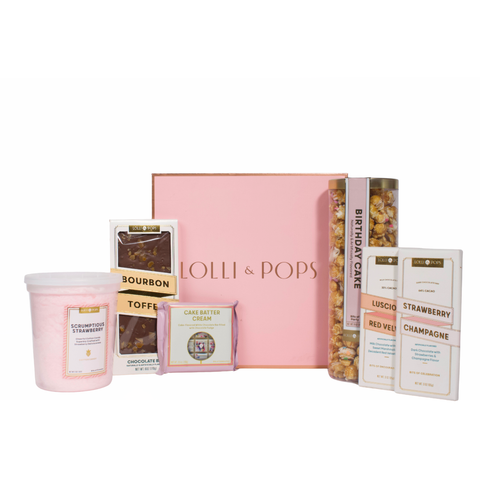 Lolli & Pops dessert gift set with cotton candy, caramel corn, and chocolate bars and boxes on a white background