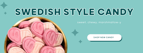 swedish style candy - chewy, sweet, marshmallow-y with love gummies on mint background