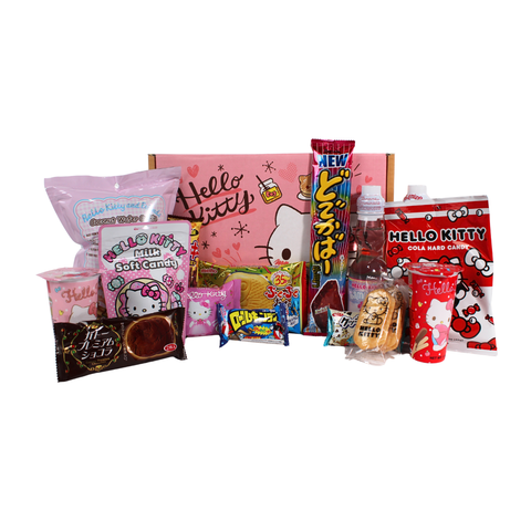 Hello Kitty Mystery Snack Crate with assorted Hello Kitty Snacks sitting in front of box on white background
