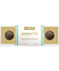 Box of milk chocolate truffles with 'Amaretto' flavor on a white background