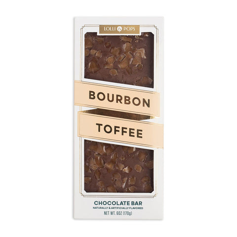 Packaged bourbon toffee chocolate bar with visible brand name on a white background