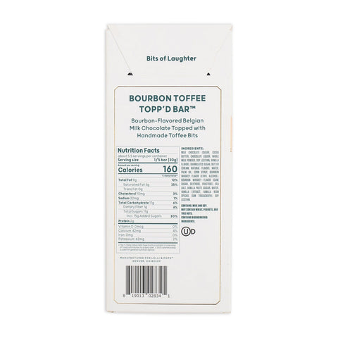 Bourbon Toffee Topp'd Bar packaging with nutritional information on a white background