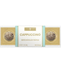Cappuccino white chocolate truffles packaging with gold and white design on a white background