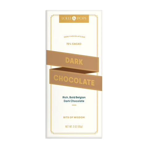 Dark chocolate bar packaging with 'Lollipops' branding on a white background