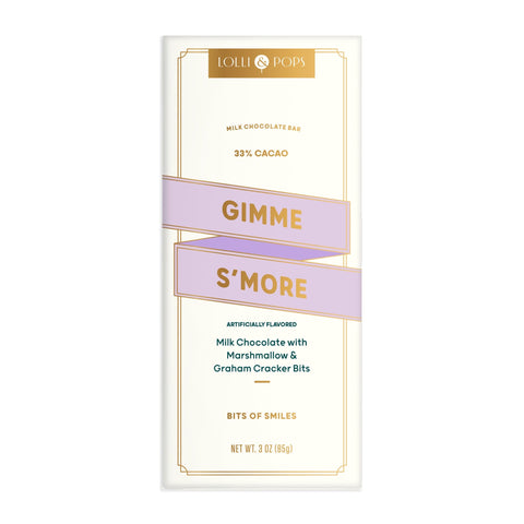 Lolli & Pop's milk chocolate bar packaging with 'Gimme S'more' text on a white background