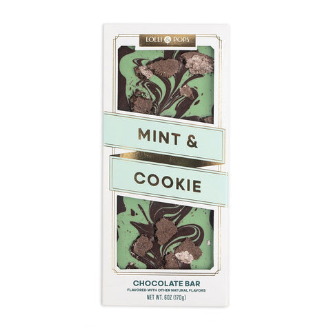 Mint and cookie chocolate bar packaging with 'Lolli & Pops' branding on a white background.