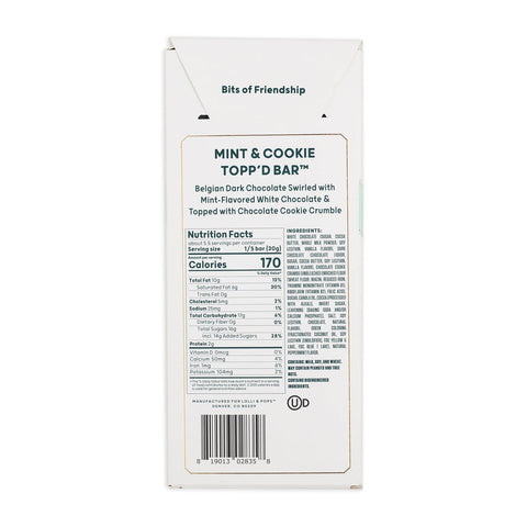 Mint & Cookie Topp'd Bar packaging with text and nutrition facts on a white background