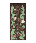 Chocolate bar with green and brown marbled pattern on a white background