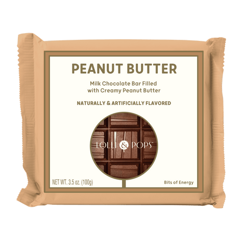 Peanut butter chocolate bar packaging with Lollipops branding on a green background