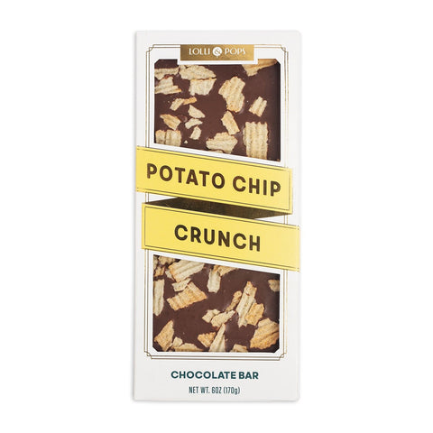 Chocolate bar packaging with potato chip crunch flavor on a white background