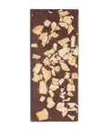 Dark chocolate bar with visible chips on a white background