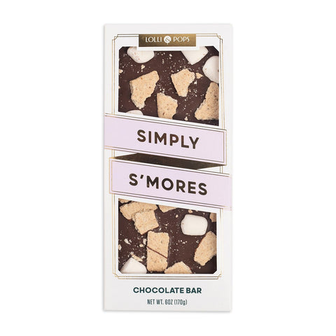 Lollipop package labeled 'Simply S'mores' with chocolate and marshmallow design on a white background
