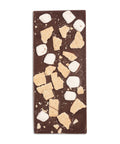 Chocolate bar with marshmallows and graham cracker pieces on a white background