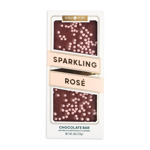 Packaged chocolate bar with 'Sparkling Rosé' flavor on a white background