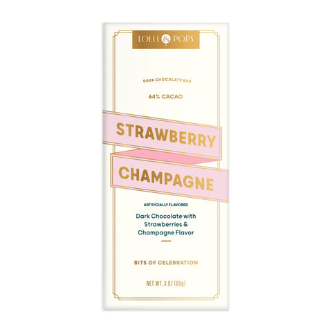 Dark chocolate bar packaging with strawberry and champagne flavor on a white background