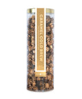 Cylindrical container of caramel gold brew popcorn on a white background