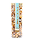 Tall cylindrical container filled with popcorn labeled 'Cookies & Cream' on a white background