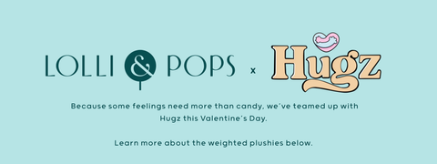 Collaboration between Lolli & Pops and Hugz on a light blue background