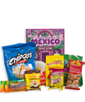 Assorted snack packages including Chipoy's, Niblets, and Pupariños with a colorful box labeled 'Tasting Adventure to Mexico' on a white background.